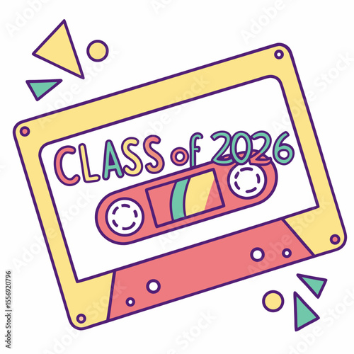 Retro cassette tape with colorful geometric shapes and graduation text vintage music