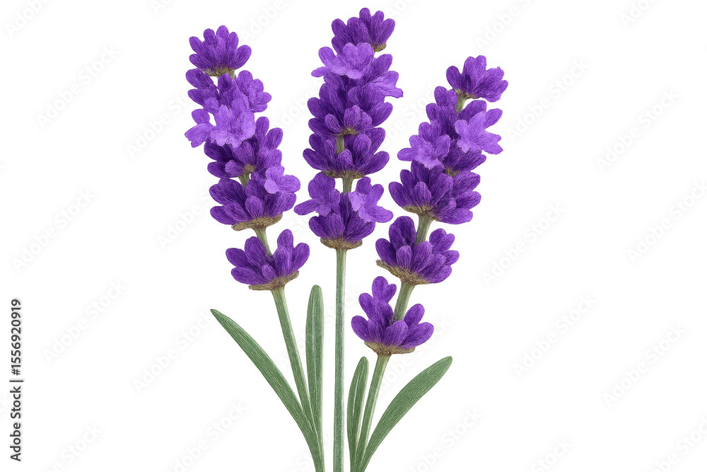 Fototapeta premium Lavender flowers blooming on stems adorned with lush green leaves, beautifully isolated against a transparent background, showcasing vibrant colors