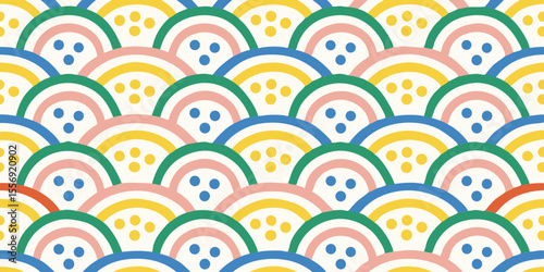 Abstract seamless pattern with colorful semicircles and dots in a playful design