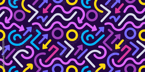 Vibrant memphis style pattern with arrows and swirls on dark background
