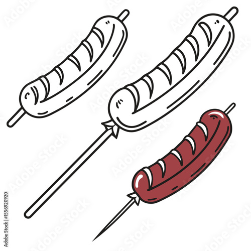 Cooked and uncooked sausages on sticks food cooking