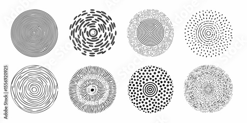 Collection of eight abstract circular patterns with black and white line art designs