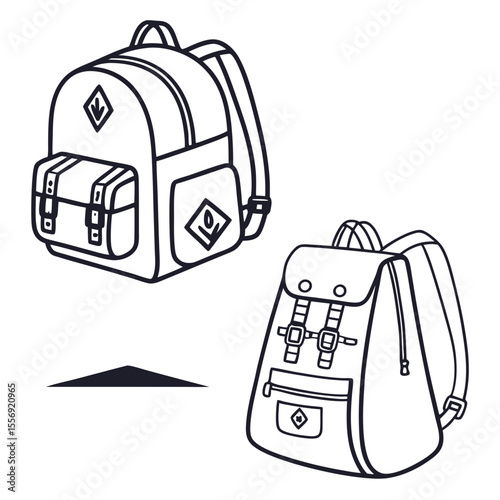Two stylized backpacks on white background travel hiking