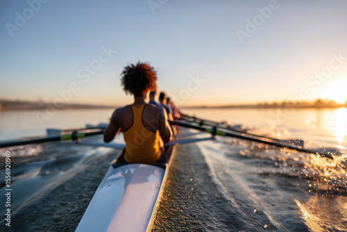 Close up, Mixed race rowing team training on a lake at dawn