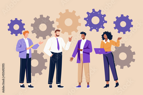 Diverse team of professionals collaborating with gears symbolizing teamwork and productivity