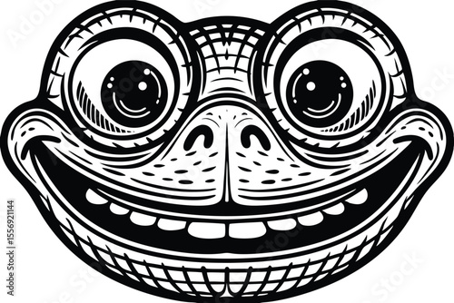 Black and white tattoostyle frog face presents a wide, toothy smile and large, round eyes
