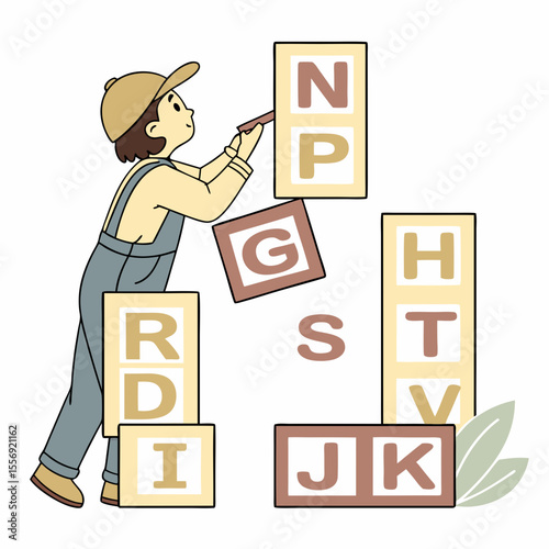 Child stacking alphabet blocks with letters learning