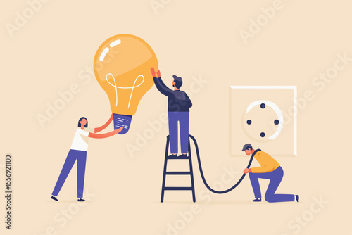 Teamwork installing a giant light bulb into an electrical socket for a new idea
