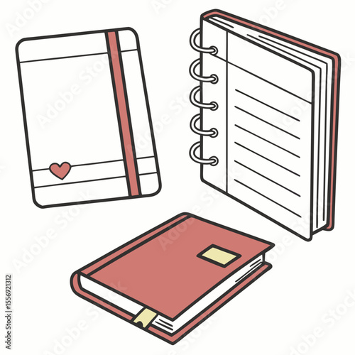 Three assorted notebooks with red and white covers and black outlines journal diary