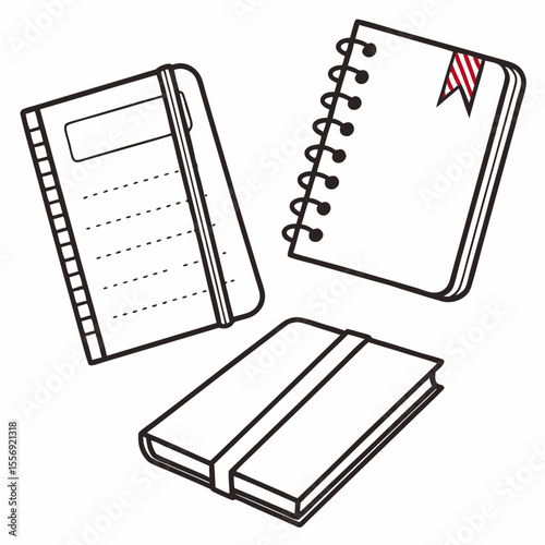 Three notebooks with black outlines and red striped bookmark journal notepad
