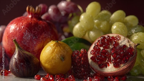Fresh Pomegranate Fig Lemon and Grape Medley Still Life Healthy Eating Nutrition Diet Gourmet