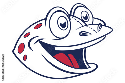 A cheerful amphibian, cartoon frog face smiles with red spots against a white backdrop
