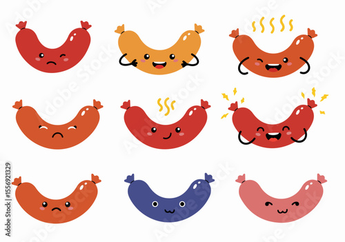 Set of cute cartoon sausage characters with different expressions and colors, funny food emojis illustration