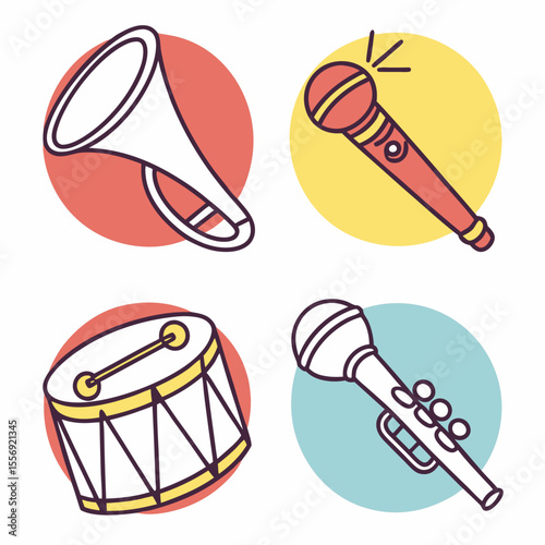 Musical instruments trumpet drum microphone icons sound