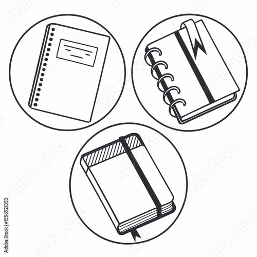 Three circular icons featuring notebooks with black outlines journal diary