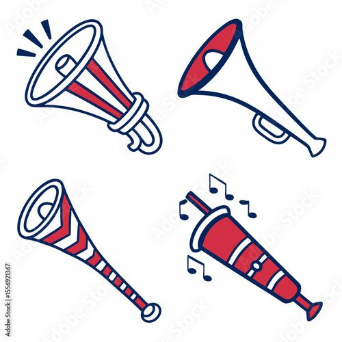 Red Blue Megaphones and Horns with Musical Notes vuvuzela noise maker