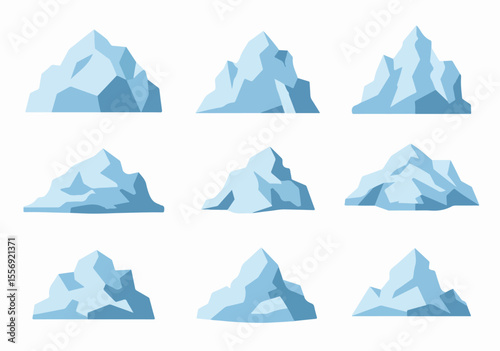 Collection of stylized blue iceberg illustrations in various shapes, depicting frozen water structures in a flat design style on a white background.