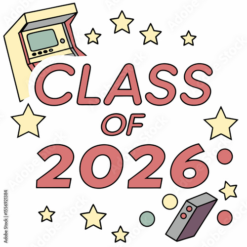 Vintage arcade game and stars celebrating graduation machine