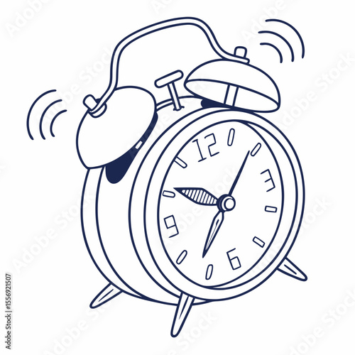 Vintage alarm clock ringing with sound waves retro