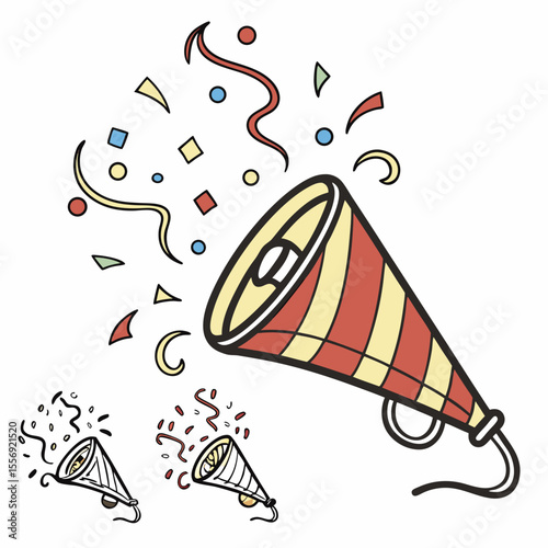 Red yellow striped party popper exploding confetti streamers celebration festive
