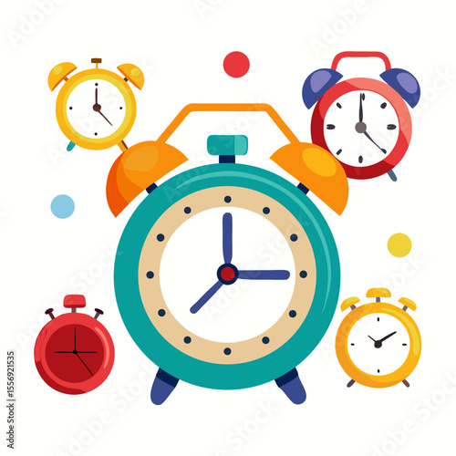 Colorful alarm clocks and scattered dots on white background time vintage clock