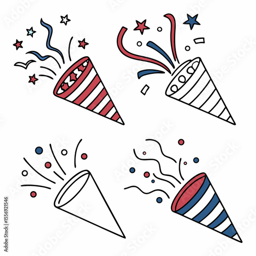 Red white blue confetti poppers bursting with stars and streamers party popper celebration