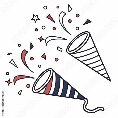 Two party poppers exploding with confetti and streamers celebration festive