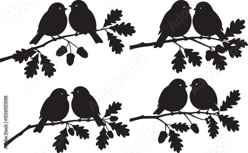 Birds Sitting on Oak Twig Silhouette on White Background vector illustration