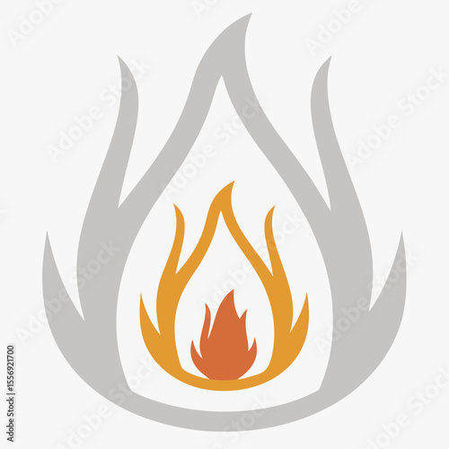 Stylized orange and grey flames on white fire symbol