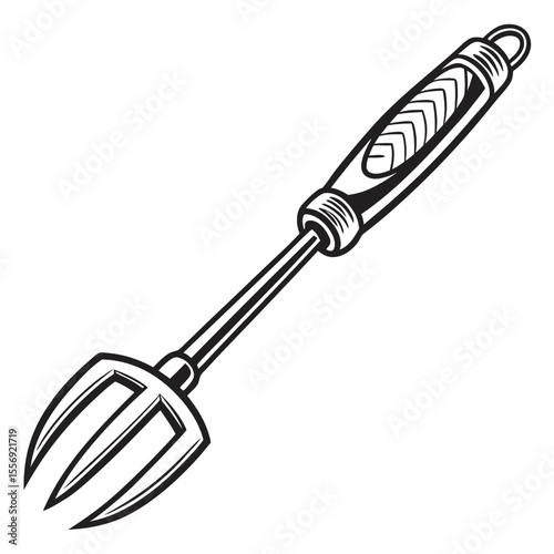 Black grill fork with patterned handle on white background barbecue cooking utensil