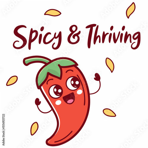 Happy chili pepper with seeds and text spicy thriving