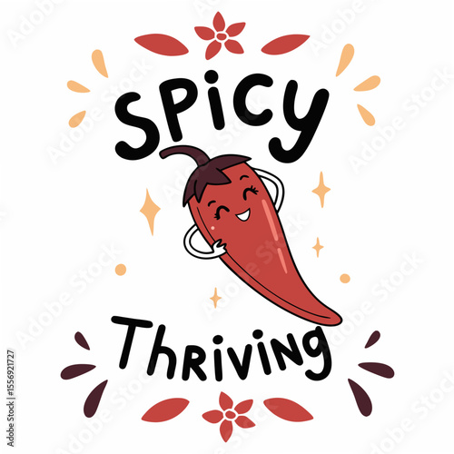 Happy chili pepper with spicy thriving text cartoon