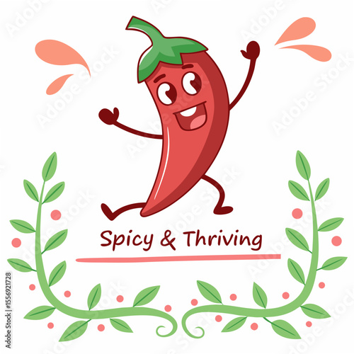 Happy red chili pepper with green stem and leaves cartoon