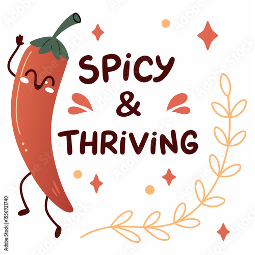 Happy chili pepper with spicy thriving text food