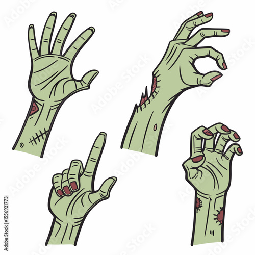 Undead green hands with dark nails and stitched wounds zombie hands green skin