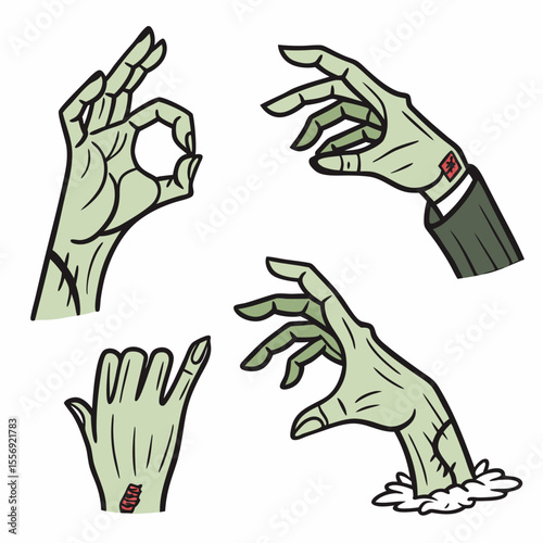 Four green zombie hands gesturing on white green hands gesture