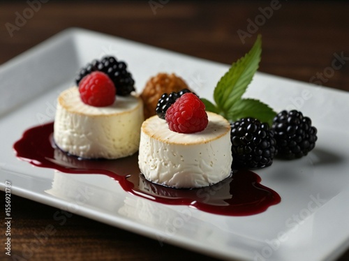 Elegant white desserts with fresh berries and berry coulis