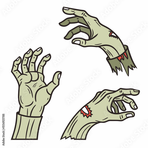 Three pale green zombie hands reaching out with torn sleeves horror