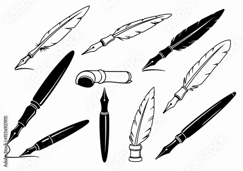 Vintage Writing Instruments Set: Quill Pens, Fountain Pens, and Inkwell Illustrations for Design, History, and Literature Concepts