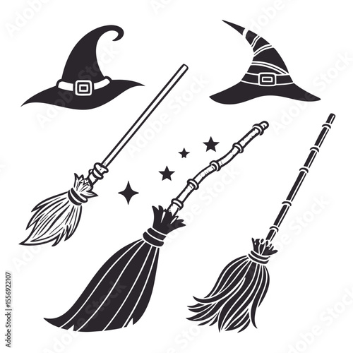 Black witch hats and brooms with stars Halloween magic