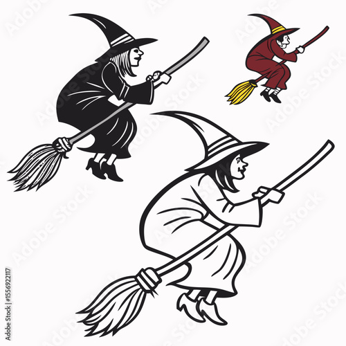 Flying witches with brooms in black and white and color halloween magic