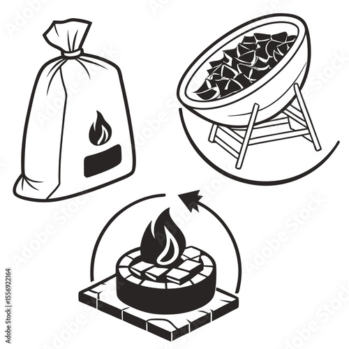 Charcoal bag grill fire starter icons barbecue