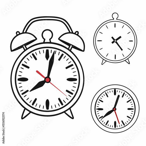 Vintage alarm clock and modern timepieces with red second hand analog clock face
