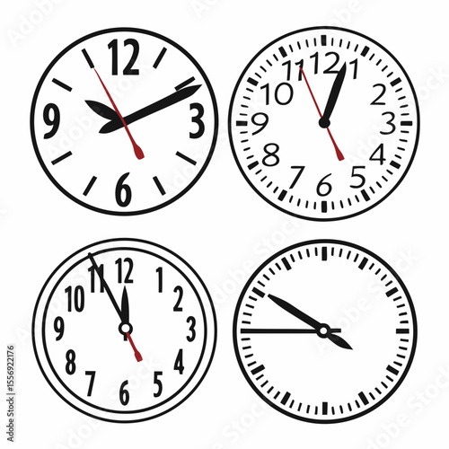 Four analog clocks showing different times with black hands and numbers on white