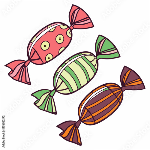 Three wrapped candies with colorful patterns candy wrapped candy