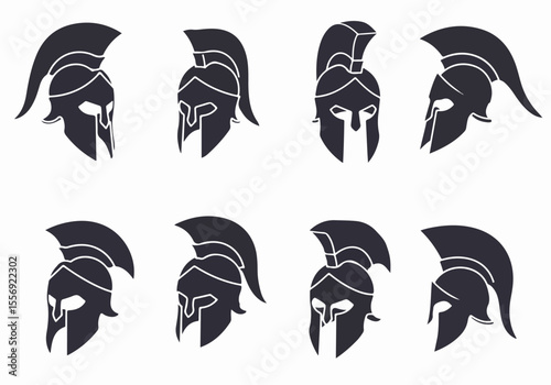 Collection of Spartan Helmets Silhouette Set - Ancient Greek War Masks from Different Angles