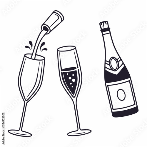 Champagne bottle pouring into flute with bubbles celebration