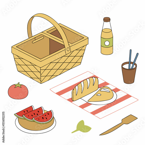 Woven picnic basket with food and drink bread