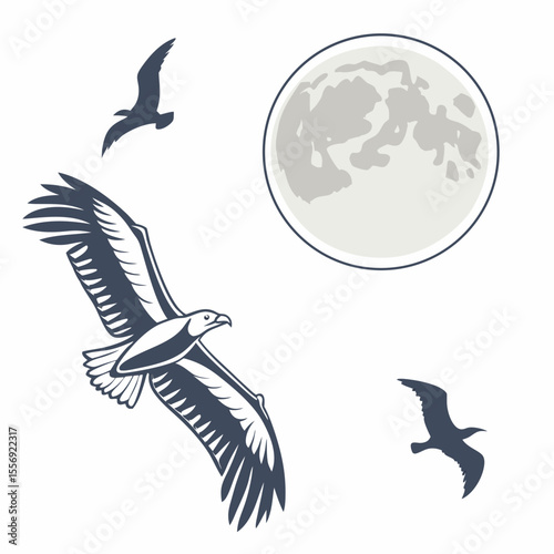 Majestic eagle soaring near full moon with seagulls bird flying