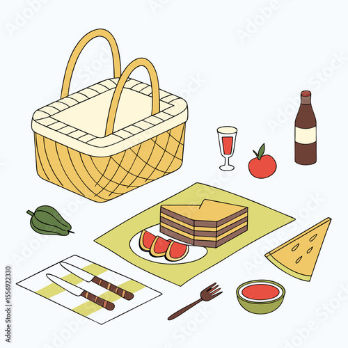 Wicker basket with food and drink for outdoor dining picnic basket